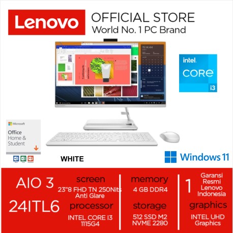 Lenovo IdeaCentre AIO 3 67ID 68ID Intel Core i3 1115G4 RAM 4GB SSD 512 INTEL UHD GRPAHICS 23.8 inch FHD IPS Win11 OHS 2021