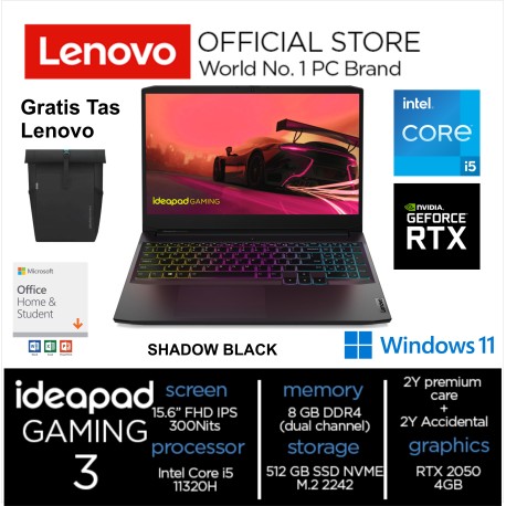 Lenovo IdeaPad Gaming 3 PTID INTEL CORE I5 11320H RAM 8GB 512GB SSD RTX 2050 4GB 15.6 FHD IPS 144HZ Windows 11 & OHS 2021