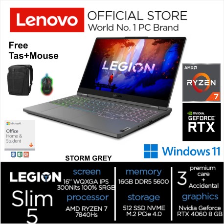 Legion SLim 5 - 44ID AMD RYZEN 7 7840HS RAM 16GB 512GB SSD RTX 4060 8 GB 16 INCH WQXGA IPS 300Nits SRGB  Win 11 & OHS 2021