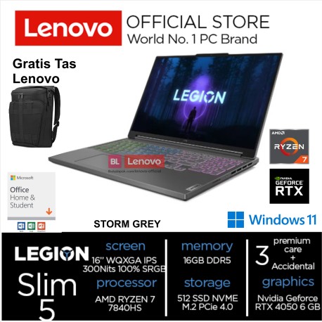 Legion SLim 5 - 45ID AMD RYZEN 7 7840HS RAM 16GB 512GB SSD RTX 4050 6GB 16 INCH WQXGA IPS 300Nits SRGB Win 11 & OHS 2021