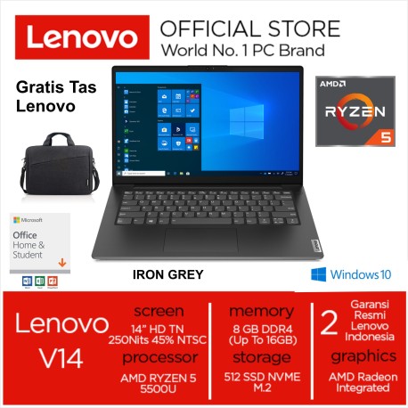 Lenovo V14 98ID AMD RYZEN 5 5500U RAM 8GB 512GB SSD 14 HD TN AMD Radeon Graphics Windows 10 & Office HS 2019 - IRON GREY