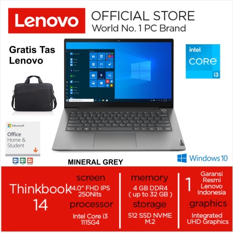 Lenovo ThinkBook 14 FTID INTEL CORE I3 1115G4 RAM 4GB 512 SSD Integrated UHD Graphics 14 Inch FHD IPS 250Nits Win10 & OHS 2019