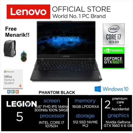 Lenovo Legion 5i -MTID i7-10750H - RAM 16GB - 512GB SSD - GTX 1660 Ti 6GB - 15.6 FHD IPS 100 sRGB Gamut Dolby - Win10 & OHS 2019