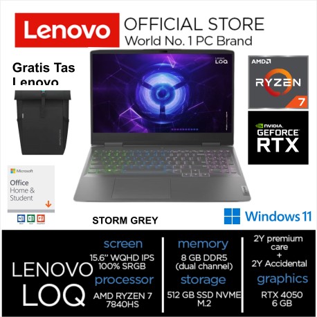 Lenovo LOQ 3HID AMD RYZEN 7 7840HS RAM 8GB 512GB SSD RTX 4050 6 GB 15.6 Inch WQHD IPS 350nits 165HZ Windows 11 & OHS 2021