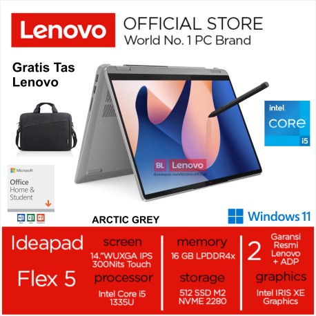 Ideapad Flex 5 3JID INTEL CORE I5 1335U 16GB 512GB SSD 14 INCH WUXGA 300NITS Touch Intel IRIS XE Win 11 Home & OHS 2021