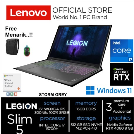 Legion SLim 5 - 8KID INTEL CORE i7 13700H RAM 16GB 512GB SSD RTX 4060 8GB 16 INCH WQXGA IPS 300Nits Win 11 & OHS 2021 Storm Grey