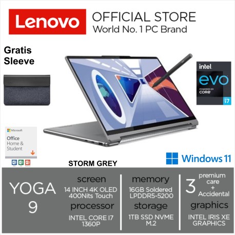 Lenovo Yoga 9 02ID intel core i7- 1360P RAM 16GB SSD 1TB INTEL IRIS XE GRAPHICS 14 inch 4K OLED 400Nits Touch Win11 & OHS 2021